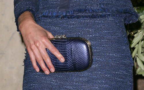 We love that she paired a blue snakeskin Anya Hindmarch clutch with her tweed skirt suit.
We love that she paired a blue snakeskin Anya Hindmarch clutch with her tweed skirt suit.