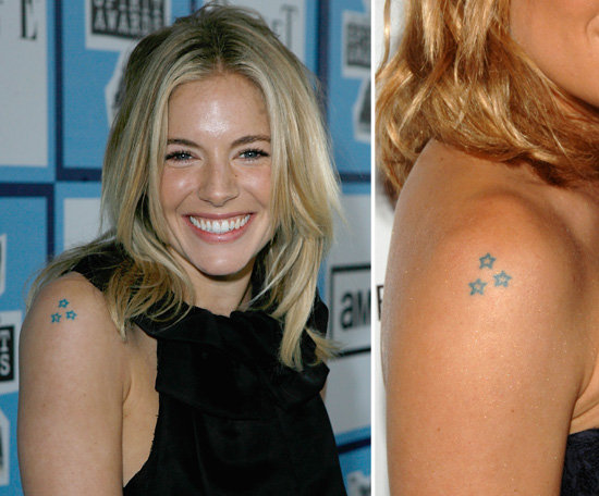 Sienna Miller has had a set of three stars in a triangle shape on her upper right arm for at least six years.
Sienna Miller has had a set of three stars in a triangle shape on her upper right arm for at least six years.