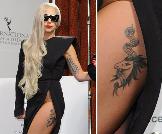 Shortly after her VMA meat dress appearance in September 2010, Lady Gaga debuted a unicorn on her upper left thigh inscribed with the title of her album Born This Way.
Shortly after her VMA meat dress appearance in September 2010, Lady Gaga debuted a unicorn on her upper left thigh inscribed with the title of her album Born This Way.
