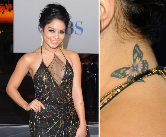 Vanessa Hudgens had a colorful butterfly drawn on her neck at NYC's popular Bang Bang parlor in February 2011.
Vanessa Hudgens had a colorful butterfly drawn on her neck at NYC's popular Bang Bang parlor in February 2011.