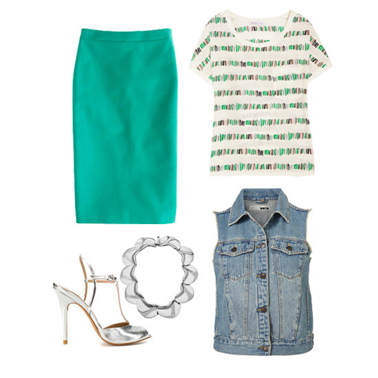 The easiest way to add a a refreshing spin to your usual office look is to throw a denim vest over a printed silk top. Tuck it into a bright pencil skirt, and you'll instantly feel cooler than your co-workers.
J.Crew No. 2 Pencil Skirt ($128), See by Chloé Printed Silk Crepe de Chine Top ($295), Topshop Sleeveless Denim Jacket ($76), Tuleste Market Silver Solid Petal Necklace ($125), Zara Peep-Toe Sandal ($50) The easiest way to add a a refreshing spin to your usual office look is to throw a denim vest over a printed silk top. Tuck it into a bright pencil skirt, and you'll instantly feel cooler than your co-workers.
J.Crew No. 2 Pencil Skirt ($128), See by Chloé Printed Silk Crepe de Chine Top ($295), Topshop Sleeveless Denim Jacket ($76), Tuleste Market Silver Solid Petal Necklace ($125), Zara Peep-Toe Sandal ($50)