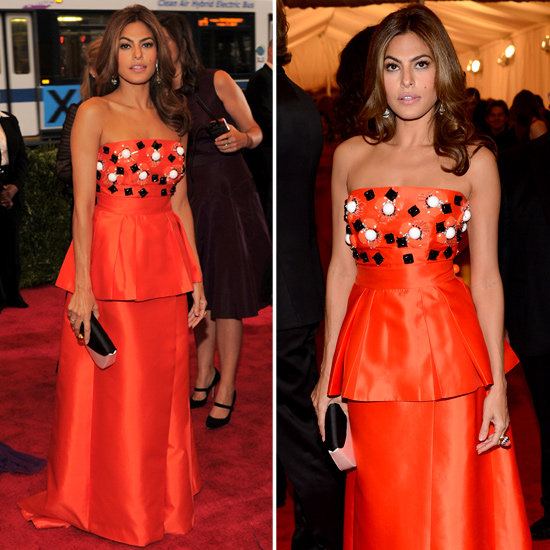 Pictures of Eva Mendes in Orange Beaded Prada Dress on the Red Carpet at the 2012 Met Costume Institue Gala