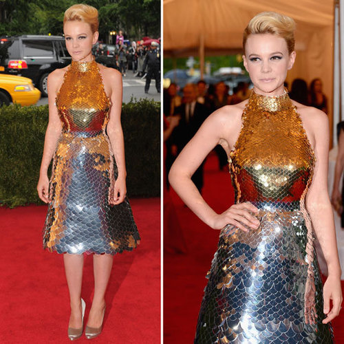 Pictures of Carey Mulligan in Gold Prada Dress on the Red Carpet at the 2012 Met Costume Institue Gala