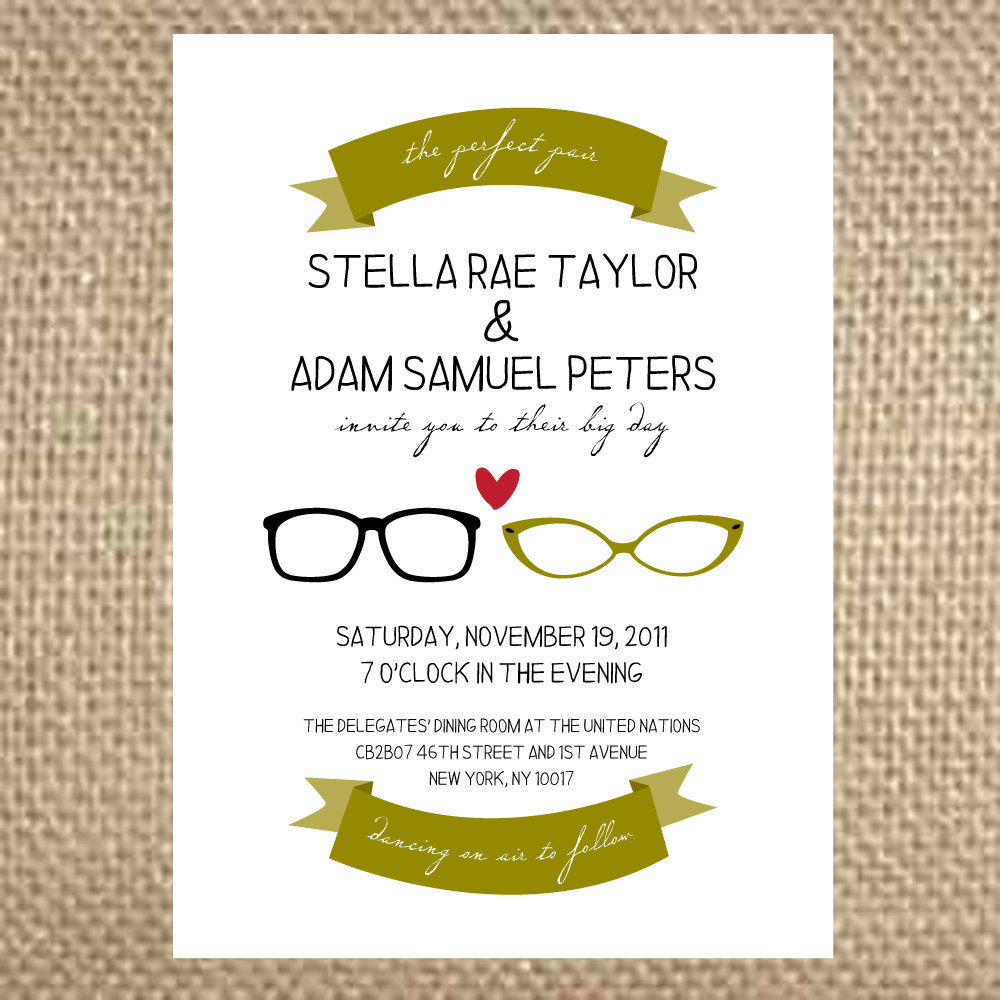 Customize colors to make the perfect pair of glasses invitations ($4 each) suit your bespectacled style.
Customize colors to make the perfect pair of glasses invitations ($4 each) suit your bespectacled style.