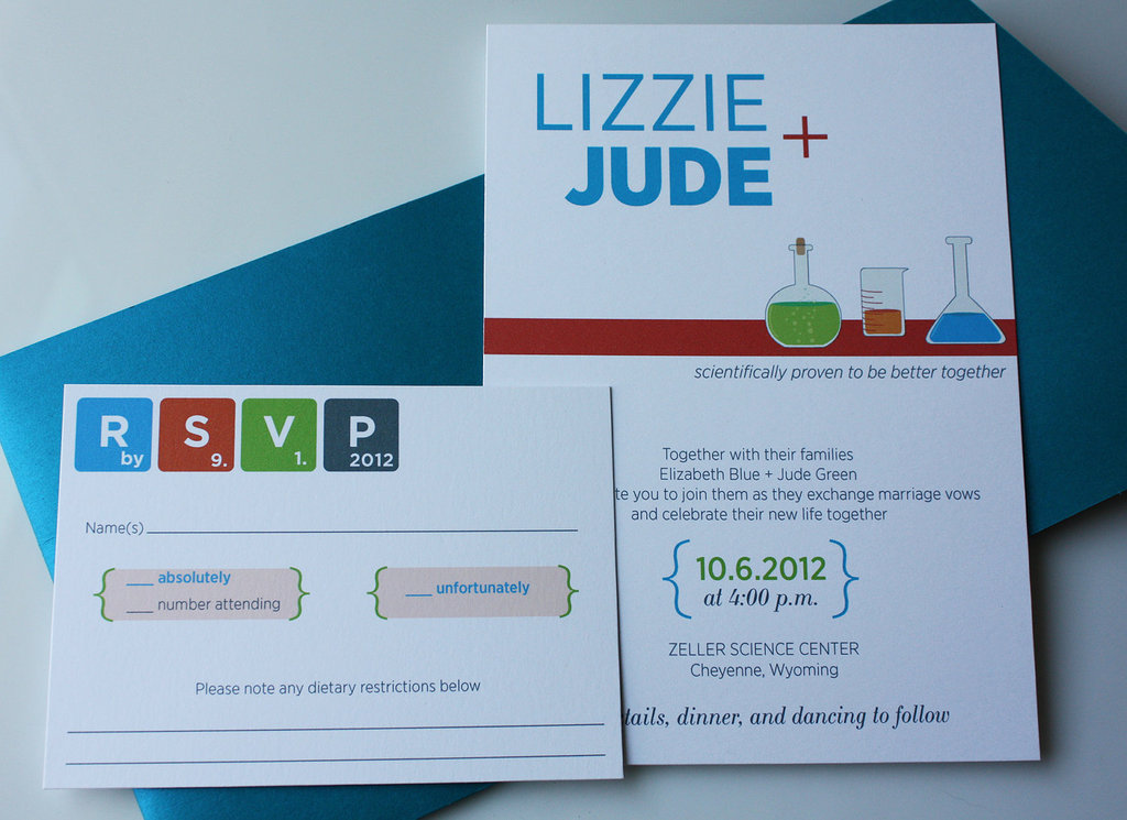 The classic geeky chemistry invitation ($10 each) is ideal for couples who share a scientific background, or just some chemically charged sparks.
The classic geeky chemistry invitation ($10 each) is ideal for couples who share a scientific background, or just some chemically charged sparks.
