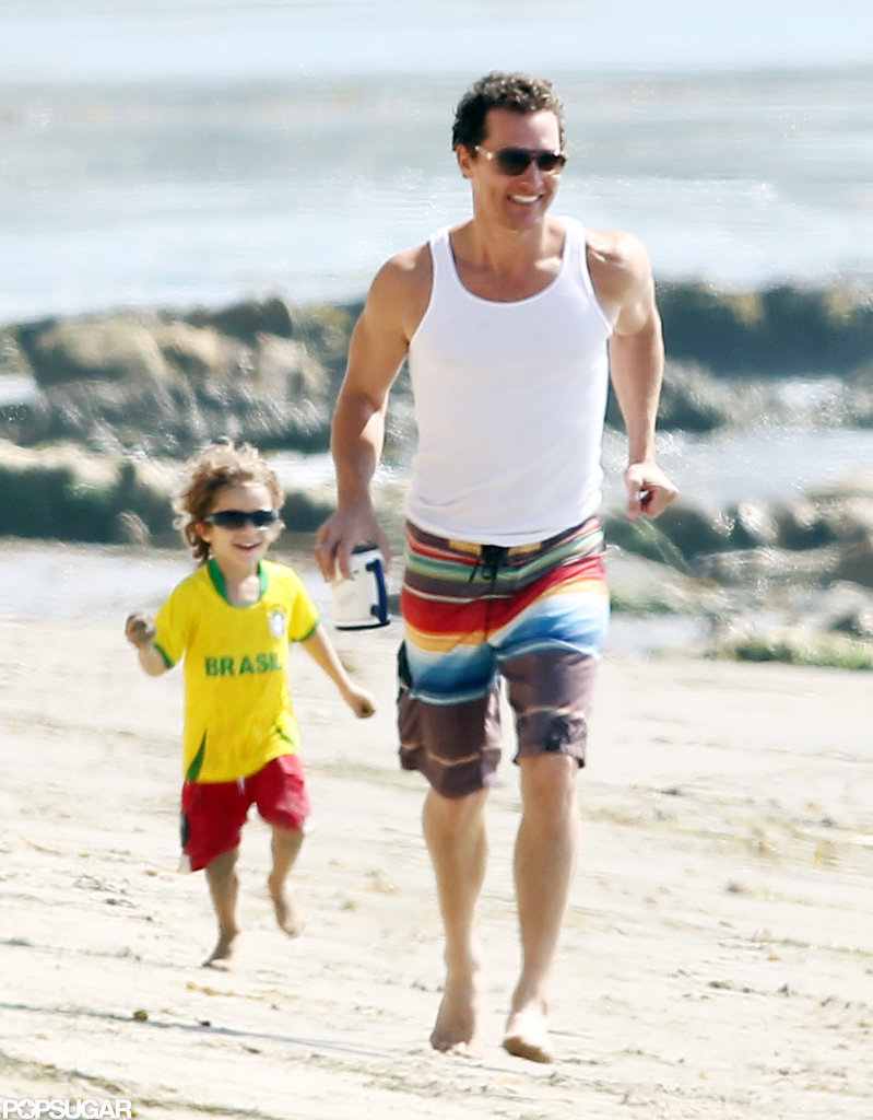 Matthew McConaughey and Levi ran on the beach in Malibu. Matthew McConaughey and Levi ran on the beach in Malibu.