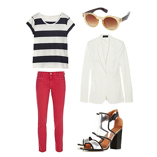 For the coolest kind of work ensemble, dip into Summer's Americana palette with a striped tee on top, red jeans on the bottom, and a white blazer for the chic edge you need to carry this look off at the office. Add in on-trend shades and a dose of walkable statement footwear and you've nailed an effortlessly au courant style.
Get the look:
MIH Paris Cropped Mid-Rise Skinny Jeans ($185)
Chinti and Parker Striped Organic Cotton T-Shirt ($120)
Topshop Round Plastic Sunglasses ($32)
Joseph Sir Stretch Cotton-Blend Blazer ($417, originally $595)
Topshop Raver Perspex Mix Sandals ($110) For the coolest kind of work ensemble, dip into Summer's Americana palette with a striped tee on top, red jeans on the bottom, and a white blazer for the chic edge you need to carry this look off at the office. Add in on-trend shades and a dose of walkable statement footwear and you've nailed an effortlessly au courant style.
Get the look:
MIH Paris Cropped Mid-Rise Skinny Jeans ($185)
Chinti and Parker Striped Organic Cotton T-Shirt ($120)
Topshop Round Plastic Sunglasses ($32)
Joseph Sir Stretch Cotton-Blend Blazer ($417, originally $595)
Topshop Raver Perspex Mix Sandals ($110)