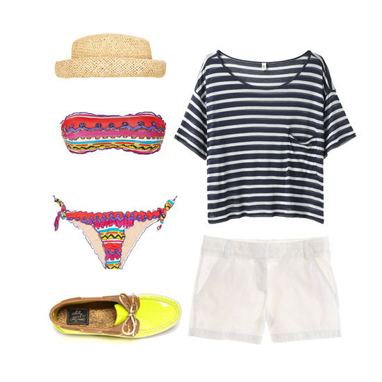 For a sailing date, there's really no reason not to go full-on nautical chic — after all, you're on a boat! Layer a printed bikini with crisp white shorts and a striped tee, then add a pair of classic boat shoes in a fresh, fun color combo. Add a straw hat and sunglasses, and you'll be perfectly prepped for a day at sea.
Get the look:
Topshop Straw Pork Pie Hat ($45)
R13 Striped Cropped Pocket Tee ($155)
J.Crew 4" Chino Short ($45)
Milly For Sperry Top-Sider Authentic Original Boat Shoes ($83)
Emamo Messico Printed Bikini ($290)
For a sailing date, there's really no reason not to go full-on nautical chic — after all, you're on a boat! Layer a printed bikini with crisp white shorts and a striped tee, then add a pair of classic boat shoes in a fresh, fun color combo. Add a straw hat and sunglasses, and you'll be perfectly prepped for a day at sea.
Get the look:
Topshop Straw Pork Pie Hat ($45)
R13 Striped Cropped Pocket Tee ($155)
J.Crew 4" Chino Short ($45)
Milly For Sperry Top-Sider Authentic Original Boat Shoes ($83)
Emamo Messico Printed Bikini ($290)