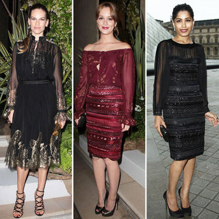 Who Wore It Best? Hilary Swank, Leighton Meester and Freida Pinto In fFrragamo At The Musée du Louvre In Paris