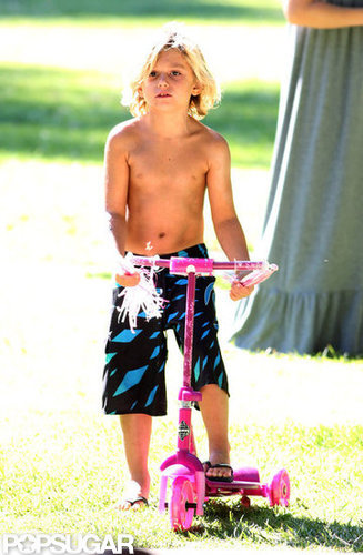 Kingston Rossdale hopped on a scooter while playing in the park.
Kingston Rossdale hopped on a scooter while playing in the park.