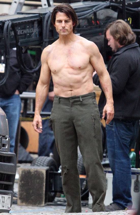 Tom Cruise was shirtless for the filming of Mission: Impossible — Ghost Protocol in October 2010.
Tom Cruise was shirtless for the filming of Mission: Impossible — Ghost Protocol in October 2010.