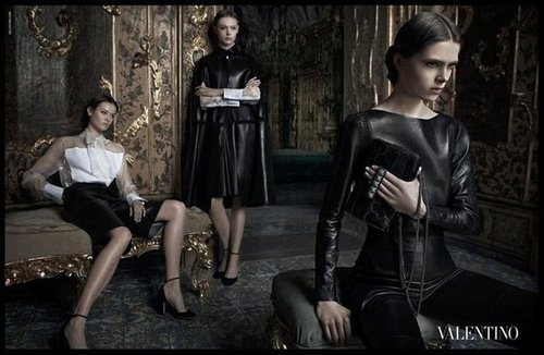 Even slick leather pieces look ultraromantic in Valentino's Fall campaign.
Even slick leather pieces look ultraromantic in Valentino's Fall campaign.
