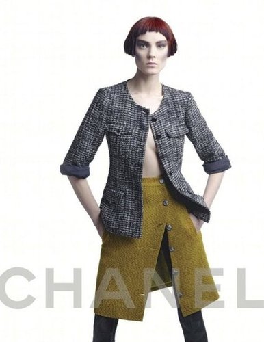 Chanel takes a stark stance on its tweedy wares for Fall.
Chanel takes a stark stance on its tweedy wares for Fall.