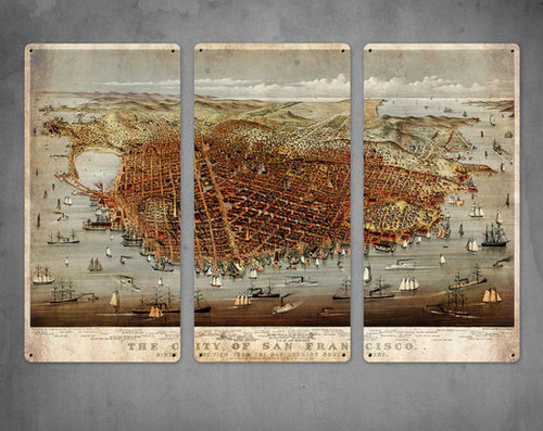 Old Map of San Francisco 1878 on METAL Triptych