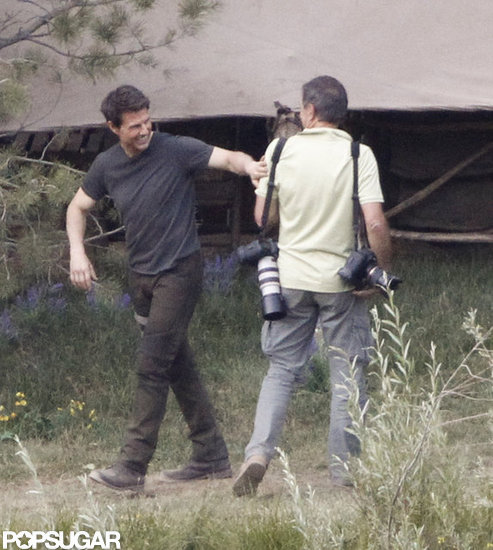 Tom Cruise gave a laugh on the set of Oblivion in June Lake, CA. Tom Cruise gave a laugh on the set of Oblivion in June Lake, CA.
