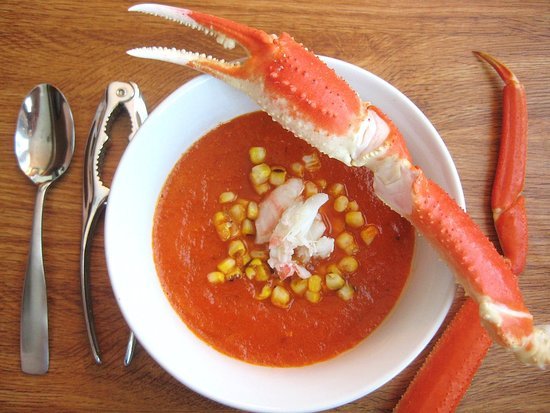 Roasted Red Pepper Soup With Charred Corn and Crab