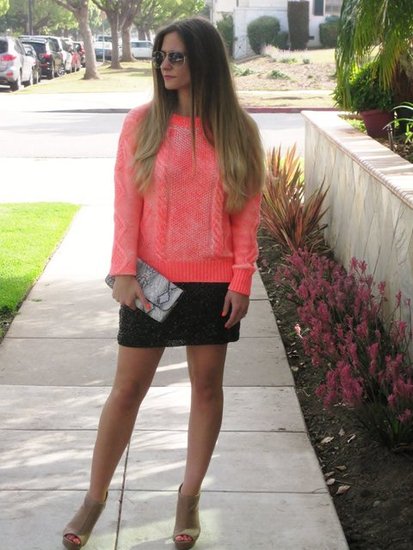 H&M Neon Sweater. Express Sequin Miniskirt. Snakeskin Print Clutch