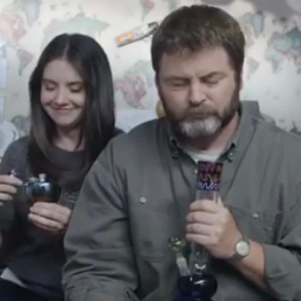 Nick Offerman and Alison Brie Smoking Out of Bongs Video