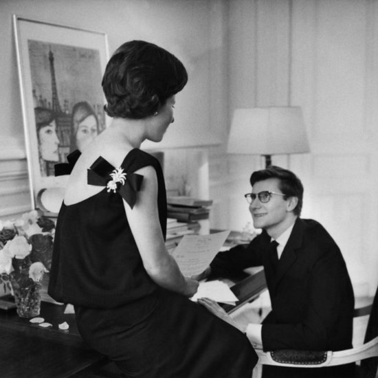 Yves Saint Laurent's mother, Madame Mathieu Saint Laurent, sat with her son in a one-shouldered Christian Dior dress in 1960.
Yves Saint Laurent's mother, Madame Mathieu Saint Laurent, sat with her son in a one-shouldered Christian Dior dress in 1960.