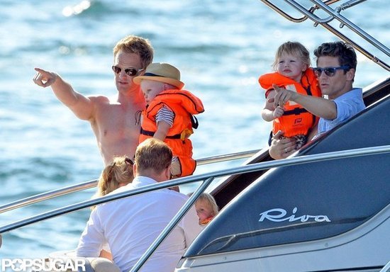 Neil Patrick Harris and David Burtka held Gideon Burtka-Harris and Harper Burtka-Harris while they took a boat ride. Neil Patrick Harris and David Burtka held Gideon Burtka-Harris and Harper Burtka-Harris while they took a boat ride.