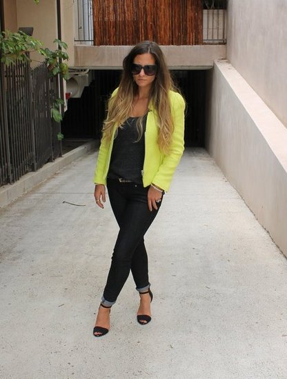 Neon Yellow Zara Blazer. Black Skinny Jeans
