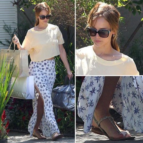 The Hunger Games Star Jennifer Lawrence Wears Sexy side Split Maxi Skirt to a Party in Brentwood