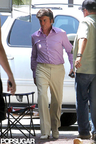 Michael Douglas wore a purple shirt and a wig on set.
Michael Douglas wore a purple shirt and a wig on set.