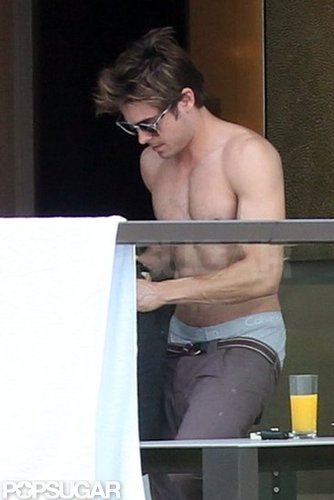 Zac Efron was shirtless at his Sydney hotel in April 2012.
Zac Efron was shirtless at his Sydney hotel in April 2012.