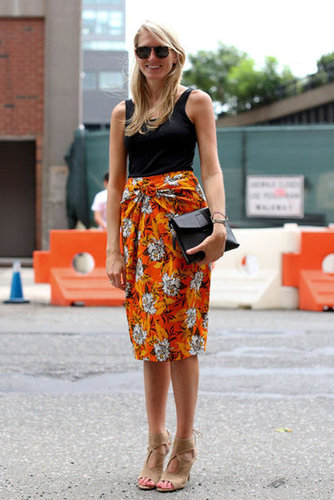 The easiest way to pull off a bold print? Keep the rest of your look sleek and simple, as seen here with a plain black tank and nude heels.
The easiest way to pull off a bold print? Keep the rest of your look sleek and simple, as seen here with a plain black tank and nude heels.