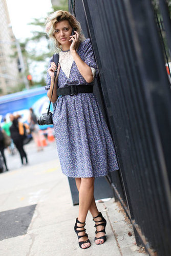 A '90s-inspired babydoll dress was made modern with a wide belt and peekaboo heels.
A '90s-inspired babydoll dress was made modern with a wide belt and peekaboo heels.