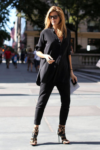 A simple tunic and skinny pants get an edgy counterpart in a pair of strappy leopard-print heels.
A simple tunic and skinny pants get an edgy counterpart in a pair of strappy leopard-print heels.