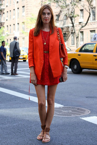 Red on red made for a statement-making look, but we especially love the juxtaposition of a great pair of flat sandals.
Red on red made for a statement-making look, but we especially love the juxtaposition of a great pair of flat sandals.