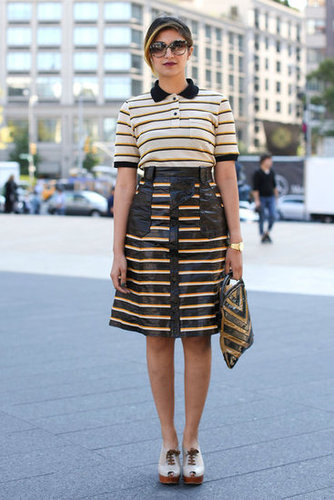 This print-on print-moment mixed charming details, like a sweet collar, with edgier textures, like a little leather on her skirt.
This print-on print-moment mixed charming details, like a sweet collar, with edgier textures, like a little leather on her skirt.