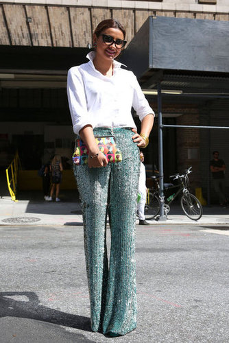 Glittery pants had a wow effect on a staple white button-down.
Glittery pants had a wow effect on a staple white button-down.