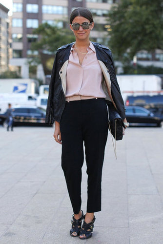 A pale hue popped against tougher leather and a pair of slouchy trousers.
A pale hue popped against tougher leather and a pair of slouchy trousers.