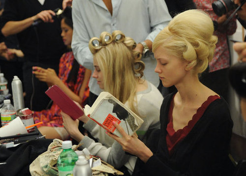 A model read James Clavell's Shogun backstage at the Douglas Hannant show during Spring 2013 Mercedes-Benz Fashion Week.
A model read James Clavell's Shogun backstage at the Douglas Hannant show during Spring 2013 Mercedes-Benz Fashion Week.