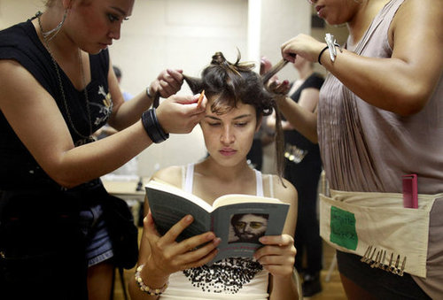 Backstage at Leanne Marshall's Spring 2013 show, a model read Lennon Remembers: The Full Rolling Stone Interviews From 1970 by Jann S. Wenner.
Backstage at Leanne Marshall's Spring 2013 show, a model read Lennon Remembers: The Full Rolling Stone Interviews From 1970 by Jann S. Wenner.