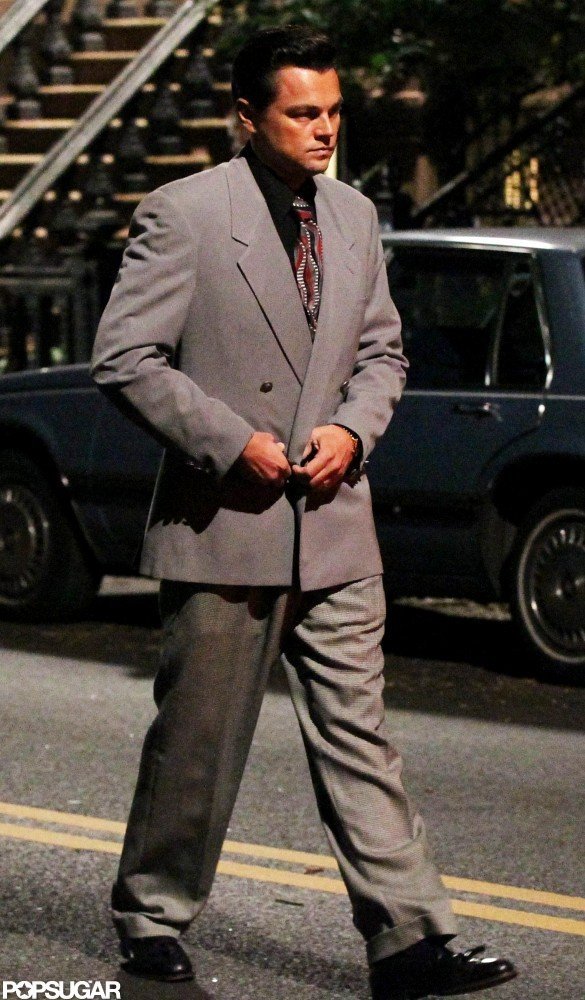 Leonardo DiCaprio wore a suit on the set of The Wolf of Wall Street. Leonardo DiCaprio wore a suit on the set of The Wolf of Wall Street.