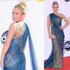 Pictures of Hayden Panettiere in Marchesa Gold and Blue Marchesa Gown on the red carpet at the 2012 Emmy Awards