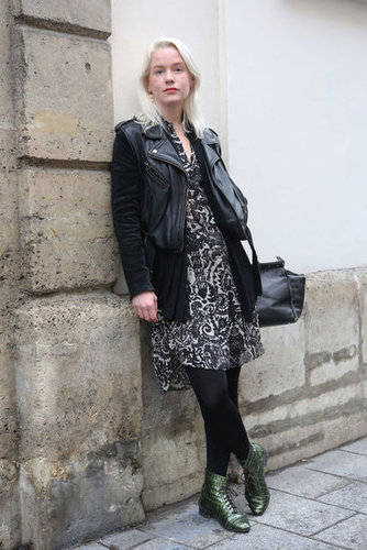 Croc-embossed green boots offered major personality to her leather and lace.
Croc-embossed green boots offered major personality to her leather and lace.
