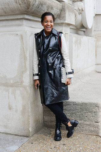 The patent details upgrade a traditional trench, but we can't stop staring at her cutout boots either.
The patent details upgrade a traditional trench, but we can't stop staring at her cutout boots either.