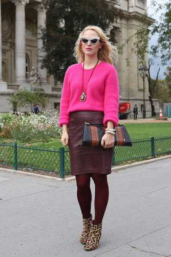 Burgundy leather and a bold pink prove the power of unexpected colorblocking.
Burgundy leather and a bold pink prove the power of unexpected colorblocking.