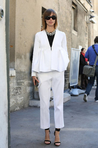 White suiting got a glam update with a touch of peplum and a hint of sparkle.
White suiting got a glam update with a touch of peplum and a hint of sparkle.
