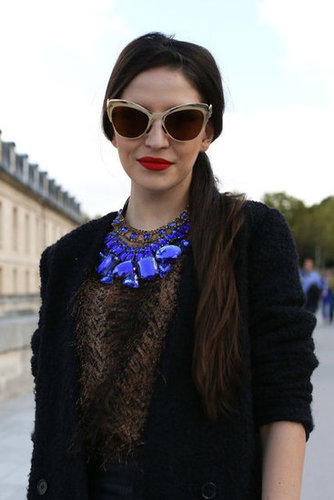 Metallic shades and a blue jeweled statement necklace punched up print and a blazer.
Metallic shades and a blue jeweled statement necklace punched up print and a blazer.