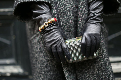 A studded minaudière looked right at home between leather gloves.
A studded minaudière looked right at home between leather gloves.