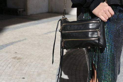 A Rebecca Minkoff Mac clutch went great with glitter.
A Rebecca Minkoff Mac clutch went great with glitter.