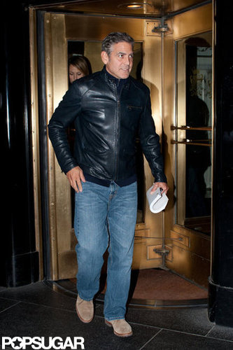 George Clooney left his Manhattan hotel with Stacey Keibler for a night out.
George Clooney left his Manhattan hotel with Stacey Keibler for a night out.