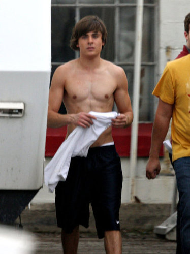 Zac Efron took off his top on the set of High School Musical in April 2009.
Zac Efron took off his top on the set of High School Musical in April 2009.