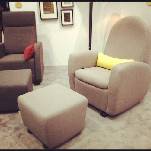 Dutailier's new upholstered gliders are narrower than previous versions, and their fabric is based on popular menswear patterns.
Dutailier's new upholstered gliders are narrower than previous versions, and their fabric is based on popular menswear patterns.
