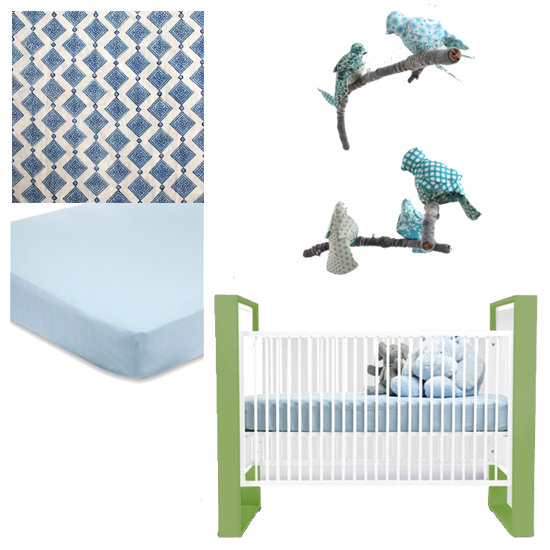 The crib area of the room is centered around Ducduc's minimalist Austin crib ($1,500). Molly chose the white version of the box-framed crib and accented it with custom-made crib linens including bumpers from John Robshaw's batik-style linen Shali Lapis fabric and a solid blue Aden + Anais muslin crib sheet ($30). A cool mobile, made by Kishani Perera falls above the crib. A similar modern bird mobile ($164) can be found on Etsy.
The crib area of the room is centered around Ducduc's minimalist Austin crib ($1,500). Molly chose the white version of the box-framed crib and accented it with custom-made crib linens including bumpers from John Robshaw's batik-style linen Shali Lapis fabric and a solid blue Aden + Anais muslin crib sheet ($30). A cool mobile, made by Kishani Perera falls above the crib. A similar modern bird mobile ($164) can be found on Etsy.